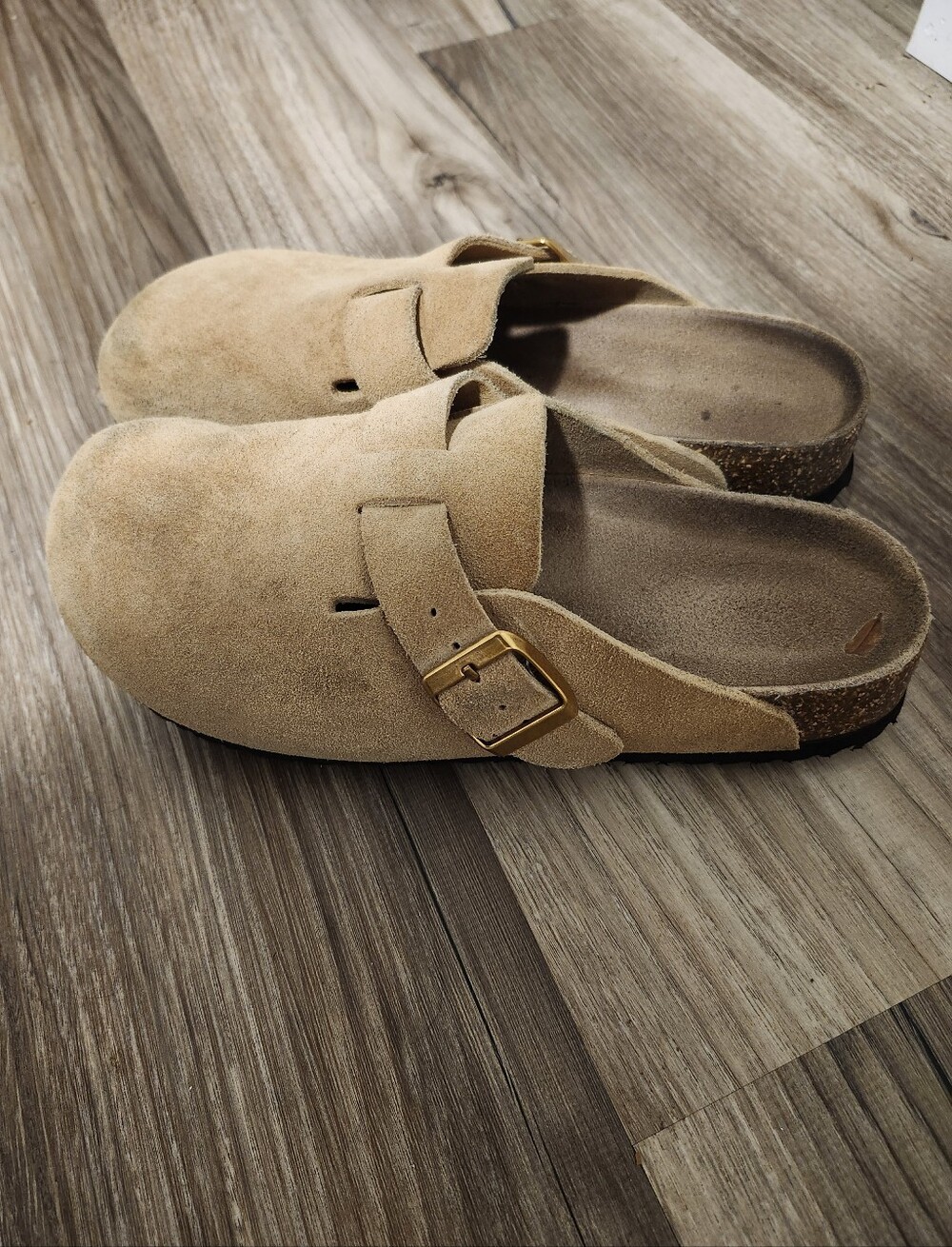 PRELOVED Quince Suede Slip-On Clogs with Buckle - Tan